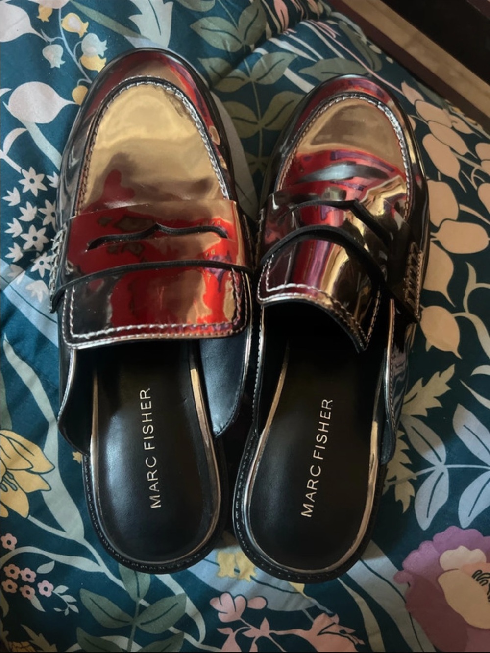 Marc Fisher Red and Black Metallic Penny Loafer Mules